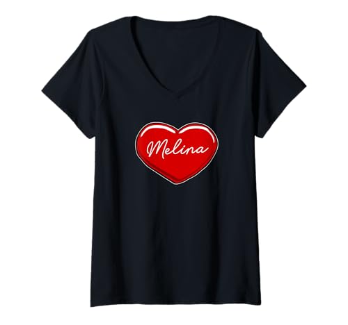 Damen Handgezeichnetes Herz Melina - Vornamen Herzen I Love Melina T-Shirt mit V-Ausschnitt Damen Handgezeichnetes Herz Melina - Vornamen Herzen I Love Melina T-Shirt mit V-Ausschnitt von Love Personalized Hearts