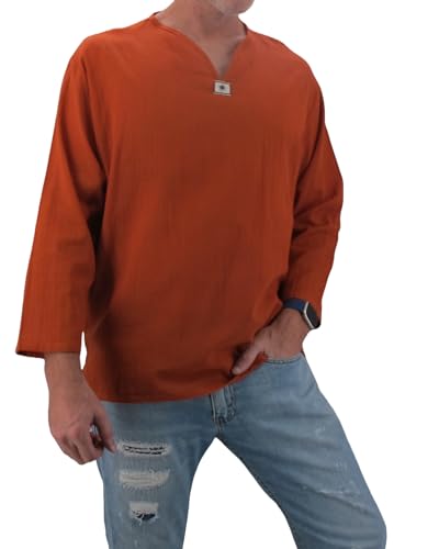 Herren Sommer T-Shirt 100% Baumwolle Hippie Shirt V-Ausschnitt Strand Yoga Top - Orange - Mittel von Love Quality