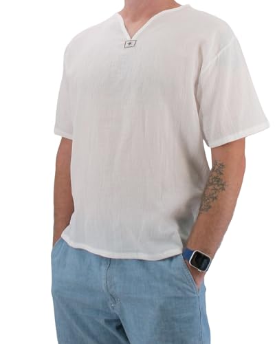 Love Quality Herren Kurzarm Shirt 100% Baumwolle Hippie Yoga Shirt - Weiß - X-Groß von Love Quality