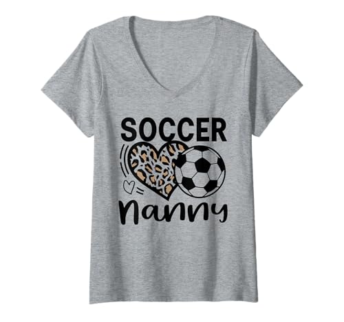 Damen Fußball-Nanny Fußballliebhaberin mit Leopardenherz T-Shirt mit V-Ausschnitt Damen Fußball-Nanny Fußballliebhaberin mit Leopardenherz T-Shirt mit V-Ausschnitt von Love Soccer Player