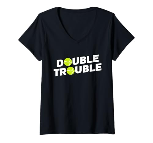 Damen Double Trouble Lustiges Tennis-T-Shirt mit Tennisbällen T-Shirt mit V-Ausschnitt Damen Double Trouble Lustiges Tennis-T-Shirt mit Tennisbällen T-Shirt mit V-Ausschnitt von Love Tennis Apparel
