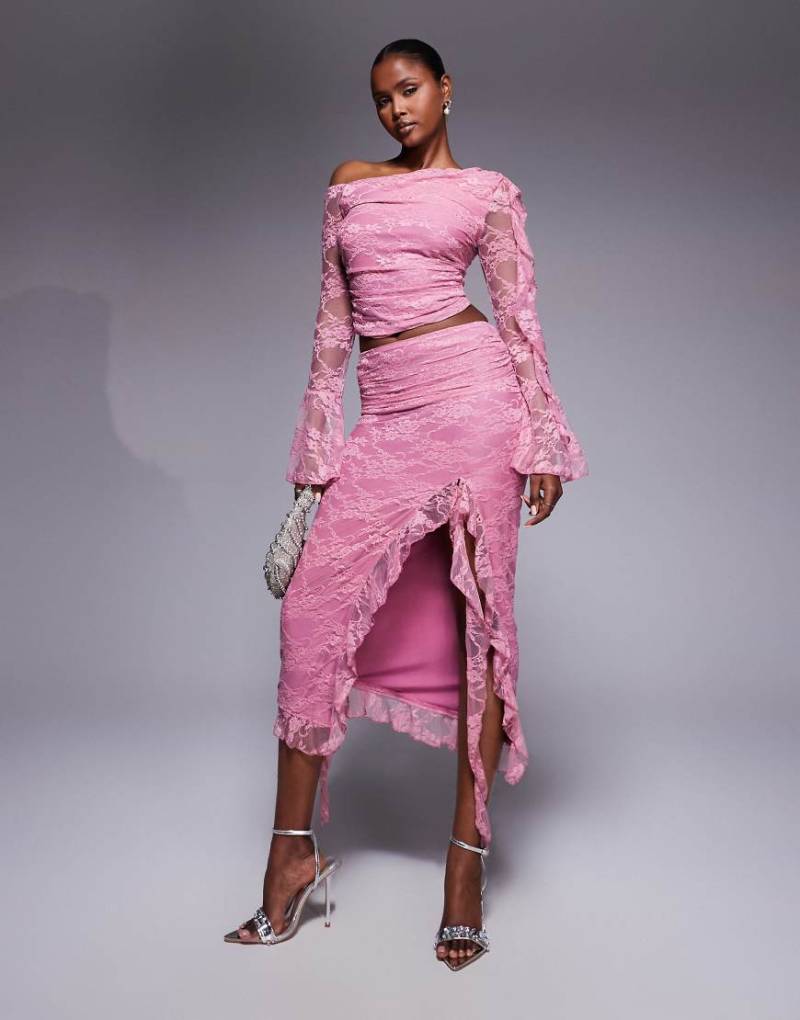 Love Triangle - Asymmetrisch geschnittener Midirock in Staubrosa mit Rüschen und Spitze, Kombiteil von Love Triangle