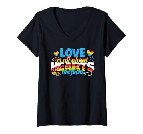 Damen Bei LGBT-Liebe dreht sich alles um Herz, nicht um Teile LGBTQ Pride Month T-Shirt mit V-Ausschnitt von Love Unboxed Apparel.USA