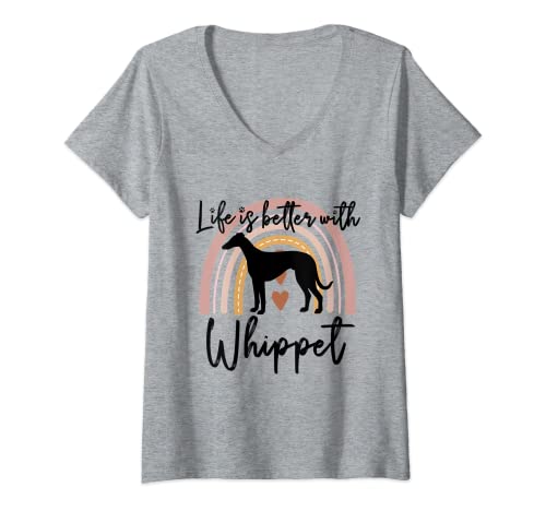 Damen Life Better Whippet Regenbogen-Hund Damen T-Shirt mit V-Ausschnitt von Love Whippet Dog Fun