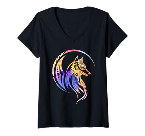 Damen Tribal Wolf Tattoo inspiriertes Design mit Bergen Wölfen T-Shirt mit V-Ausschnitt von Love Wolves Designs
