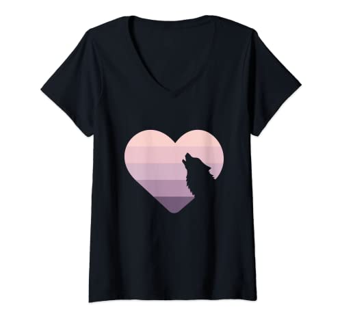 Damen Wolf Lovers niedliches Herz heulender Wolf lila rosa Retro Mond T-Shirt mit V-Ausschnitt Damen Wolf Lovers niedliches Herz heulender Wolf lila rosa Retro Mond T-Shirt mit V-Ausschnitt von Love Wolves Grey And Arctic Moon