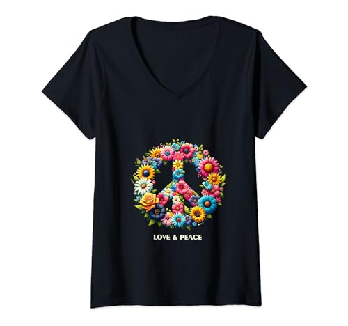 Damen Peace Love 60s 70s Hippie Liebe Fiedenszeichen T-Shirt mit V-Ausschnitt Damen Peace Love 60s 70s Hippie Liebe Fiedenszeichen T-Shirt mit V-Ausschnitt von Love and Peace Hippie Flowers Peacezeichen
