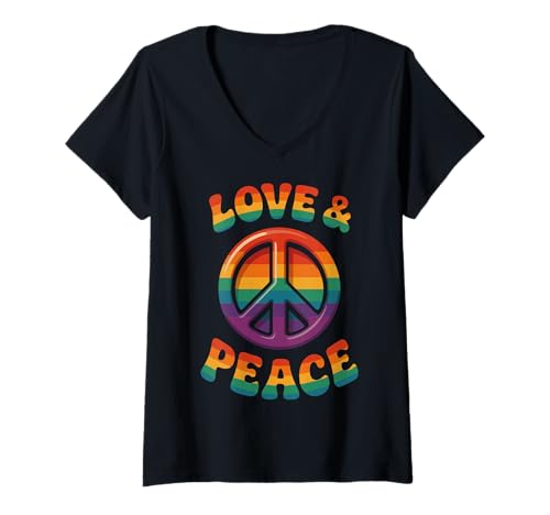 Damen Love and Peace Hippie-Shirt in Regenbogenfarben für Festivals T-Shirt mit V-Ausschnitt Damen Love and Peace Hippie-Shirt in Regenbogenfarben für Festivals T-Shirt mit V-Ausschnitt von Love & Peace Rainbow Festival Tshirtoftheyear