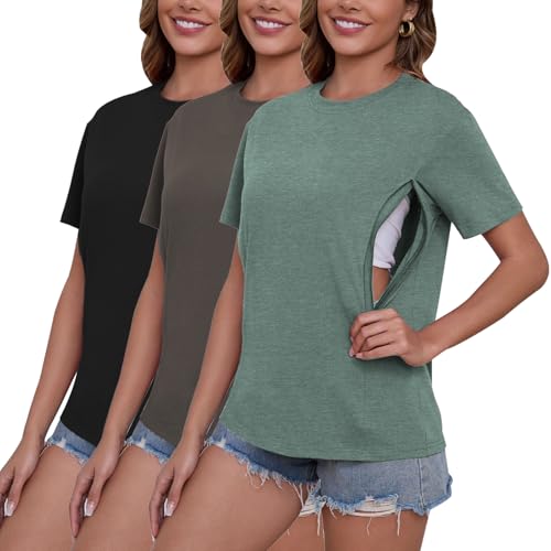 Love2Mi 3er/4er Set Stillshirt mit verstecktem Reißverschluss Stillöffnung kurzen Umstandstop Stillen T-Shirt für Schwangere von Love2Mi