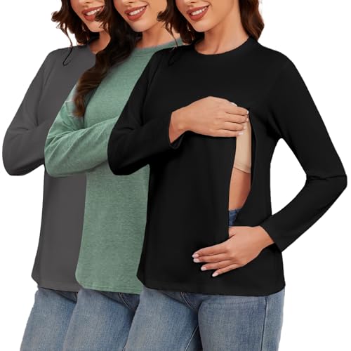 Love2Mi 3er Pack Damen Langarm Stillshirt mit Reißverschluss Umstandsmode zum Stillen T-Shirts fur Schwangere von Love2Mi