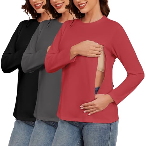 Love2Mi 3 Pack Damen Langarm Stillshirt mit Verstecktem Reißverschluss Umstandsshirt Umstandsmode von Love2Mi