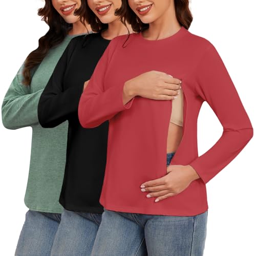 Love2Mi 3er Pack Damen Langarm Stillshirt mit Reißverschluss Umstandsmode zum Stillen T-Shirts fur Schwangere von Love2Mi