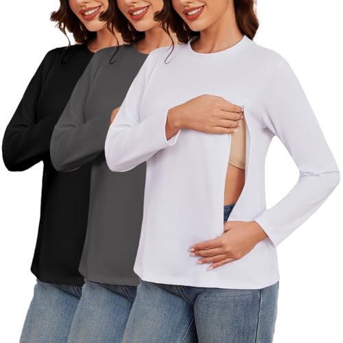 Love2Mi 3er Pack Damen Langarm Stillshirt mit Reißverschluss Umstandsmode zum Stillen T-Shirts fur Schwangere von Love2Mi