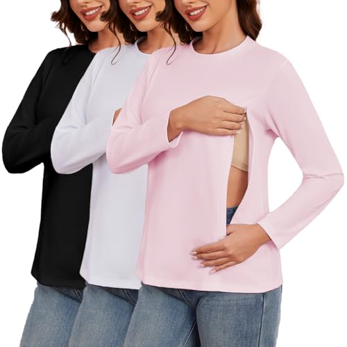 Love2Mi 3er Pack Damen Langarm Stillshirt mit Reißverschluss Umstandsmode zum Stillen T-Shirts fur Schwangere von Love2Mi