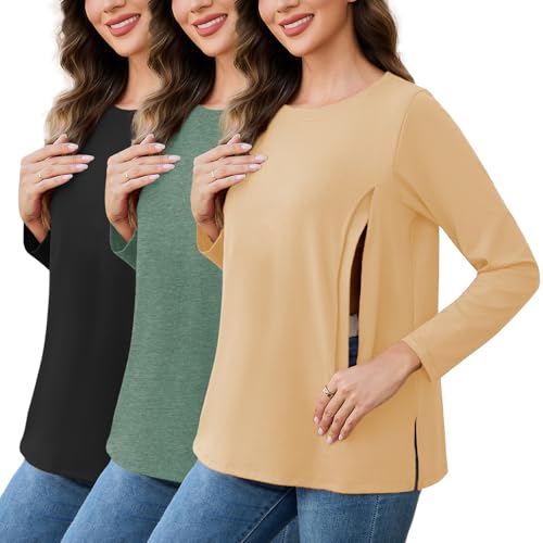 Love2Mi 3er Pack Damen Stillshirts mit Reißverschluss Lose Stillen Tshirt Umstandsmode Tops Schwangerschafts Stilltop von Love2Mi