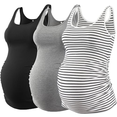 Love2Mi 3 Pack Damen Umstandstop Umstandsmode Tanktops Ärmelloses Umstands T-Shirt Schwangerschaftskleidung von Love2Mi