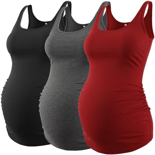 Love2Mi 3 Pack Damen Umstandstop Umstandsmode Tanktops Ärmelloses Umstands T-Shirt Schwangerschaftskleidung von Love2Mi