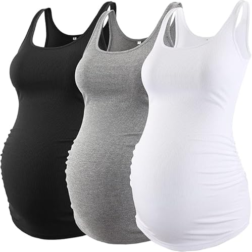 Love2Mi 3 Pack Damen Umstandstop Umstandsmode Tanktops Ärmelloses Umstands T-Shirt Schwangerschaftskleidung von Love2Mi