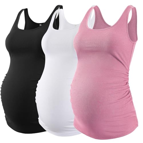 Love2Mi 3 Pack Damen Umstandstop Umstandsmode Tanktops Ärmelloses Umstands T-Shirt Schwangerschaftskleidung von Love2Mi