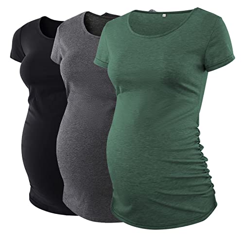 Love2Mi 3 Stück Umstandsshirt Kurzarm Umstandskleidung T-Shirt Einfarbig Umstandskleidung, Schwarz + Dunkelgrau + Dunkelgrün, M von Love2Mi