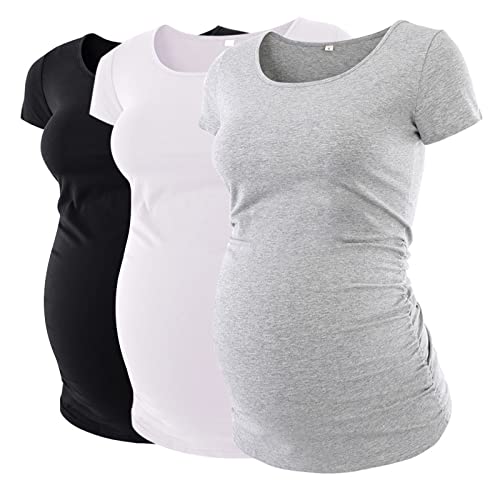 Love2Mi 3 Stück Umstandsshirt Kurzarm Umstandskleidung T-Shirt Einfarbig Umstandskleidung, Schwarz + Weiß + Grau, Large von Love2Mi