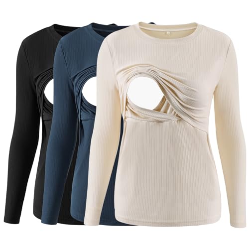 Love2Mi 3er Pack Damen Stillshirt Gerippte Langarm stilltops Doppellagige Umstandsmode Tshirt Umstandskleidung von Love2Mi