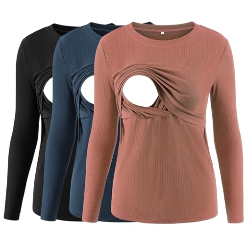 Love2Mi 3er Pack Damen Stillshirt Gerippte Langarm stilltops Doppellagige Umstandsmode Tshirt Umstandskleidung von Love2Mi