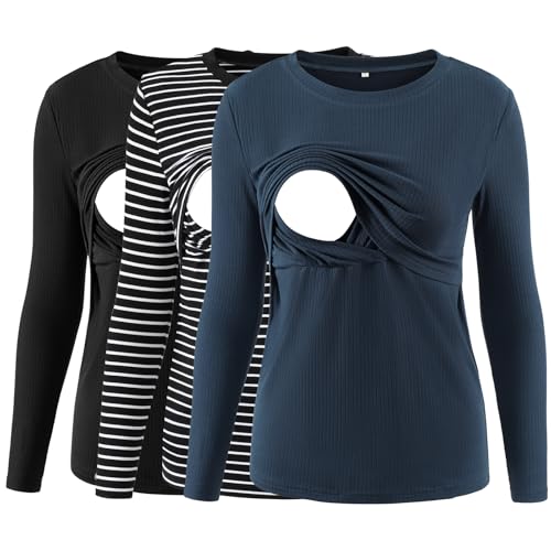 Love2Mi 3er Pack Damen Stillshirt Gerippte Langarm stilltops Doppellagige Umstandsmode Tshirt Umstandskleidung von Love2Mi