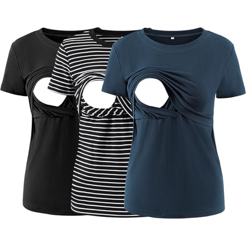 Love2Mi 3er Pack Damen Stillshirts kurzen Umstandstop T-Shirt Überlagertes Design zum Stillen T-Shirts fur Schwangere von Love2Mi