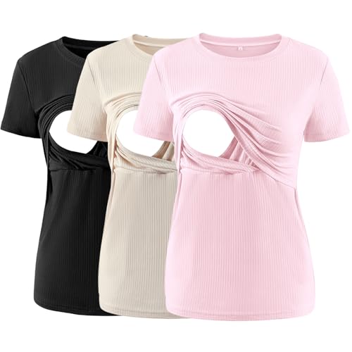 Love2Mi 3er Pack Damen Stillshirts kurzen Umstandstop Überlagertes Design zum Stillen T-Shirts fur Schwangere von Love2Mi