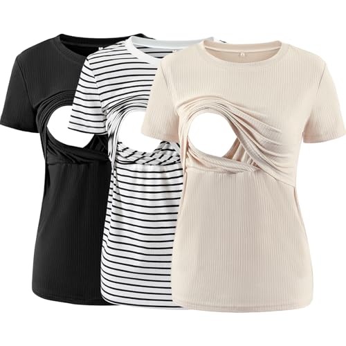 Love2Mi 3er Pack Damen Stillshirts kurzen Umstandstop Überlagertes Design zum Stillen T-Shirts fur Schwangere von Love2Mi