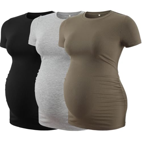 Love2Mi 3er Pack Umstandstop Tshirt Kurzarm Sommer Rundhals Umstands T-Shirt Umstandsmode von Love2Mi