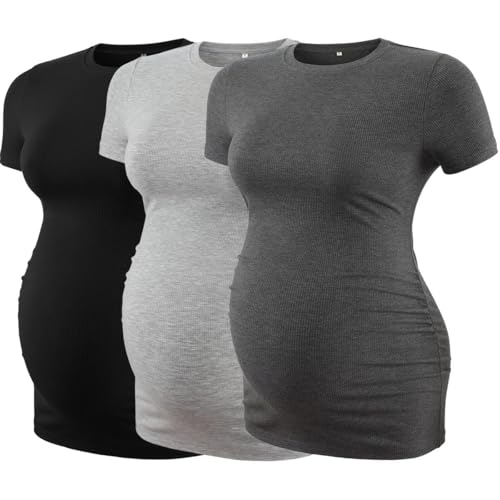 Love2Mi 3er Pack Umstandstop Tshirt Kurzarm Sommer Rundhals Umstands T-Shirt Umstandsmode von Love2Mi