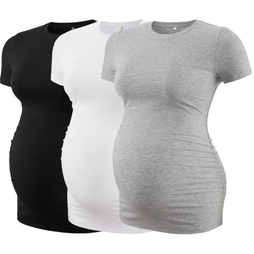 Love2Mi 3er Pack Umstandstop Tshirt Kurzarm Sommer Rundhals Umstands T-Shirt Umstandsmode von Love2Mi
