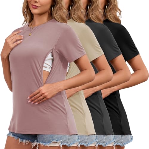 Love2Mi 3er/4er Set Stillshirt mit verstecktem Reißverschluss Stillöffnung kurzen Umstandstop Stillen T-Shirt für Schwangere von Love2Mi