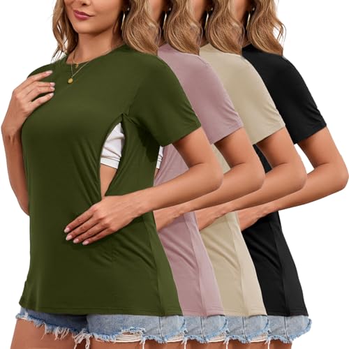 Love2Mi 3er/4er Set Stillshirt mit verstecktem Reißverschluss Stillöffnung kurzen Umstandstop Stillen T-Shirt für Schwangere von Love2Mi