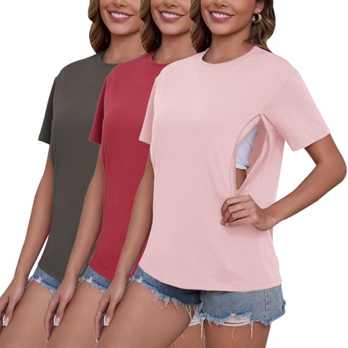 Love2Mi 3er/4er Set Stillshirt mit verstecktem Reißverschluss Stillöffnung kurzen Umstandstop Stillen T-Shirt für Schwangere von Love2Mi