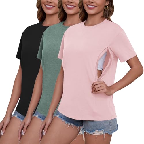 Love2Mi 3er/4er Set Stillshirt mit verstecktem Reißverschluss Stillöffnung kurzen Umstandstop Stillen T-Shirt für Schwangere von Love2Mi