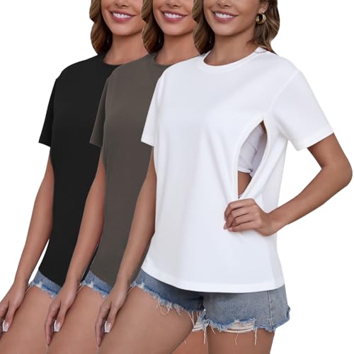 Love2Mi 3er/4er Set Stillshirt mit verstecktem Reißverschluss Stillöffnung kurzen Umstandstop Stillen T-Shirt für Schwangere von Love2Mi
