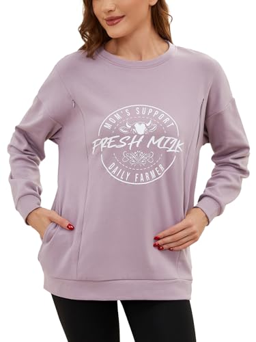 Love2Mi Damen Langarm Stillshirt lässig Unsichtbarer Reißverschluss Sweatshirt zum Stillen Umstandsmode Mit Tasche von Love2Mi