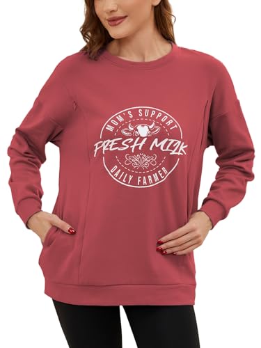 Love2Mi Damen Langarm Stillshirt lässig Unsichtbarer Reißverschluss Sweatshirt zum Stillen Umstandsmode Mit Tasche von Love2Mi