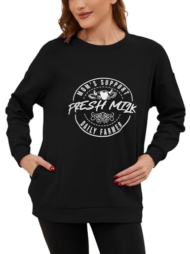 Love2Mi Damen Langarm Stillshirt lässig Unsichtbarer Reißverschluss Sweatshirt zum Stillen Umstandsmode Mit Tasche von Love2Mi