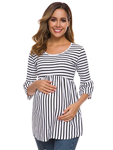 Love2Mi Damen Schwanger Oberteile 3/4 Ärmel Umstandsshirts Streifen Lose Umstandstops Mama Kleidung von Love2Mi