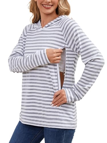 Love2Mi Damen Still-Hoodie mit unsichtbarem Reißverschluss Umstandspullover Langarm Stillshirt für Schwangerschaft & Stillzeit von Love2Mi