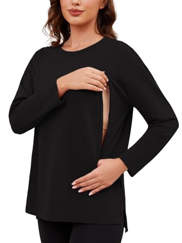 Love2Mi Damen Stillshirt mit Verstecktem Reißverschluss Langarm Stillen Tshirt Lose Stilltop Freizeit Umstandsmode von Love2Mi