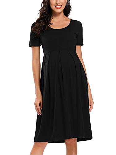 Love2Mi Damen Umstandskleid, kurzärmelig, A-Linie, Midi-Kleid für Schwangere Gr. M, Schwarz von Love2Mi