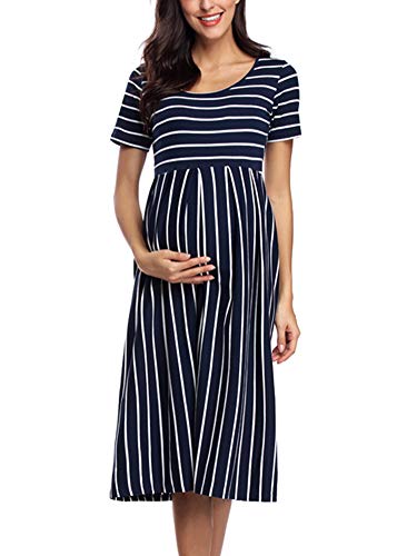 Love2Mi Damen Umstandskleid Kurzarm Casual A-Linie Midi Schwangeres Kleid, Marineblau Weiß Streifen, Small von Love2Mi