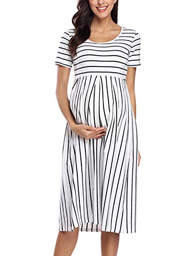 Love2Mi Damen Umstandskleid Kurzarm Casual A-Linie Midi Schwangeres Kleid, Weiß Schwarz Streifen, Small von Love2Mi