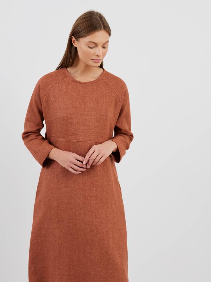 Leinen Wolle Midi Kleid, Langarm A-Linie, Rost, Herbsttauglich | Jenna von LoveAndConfuse