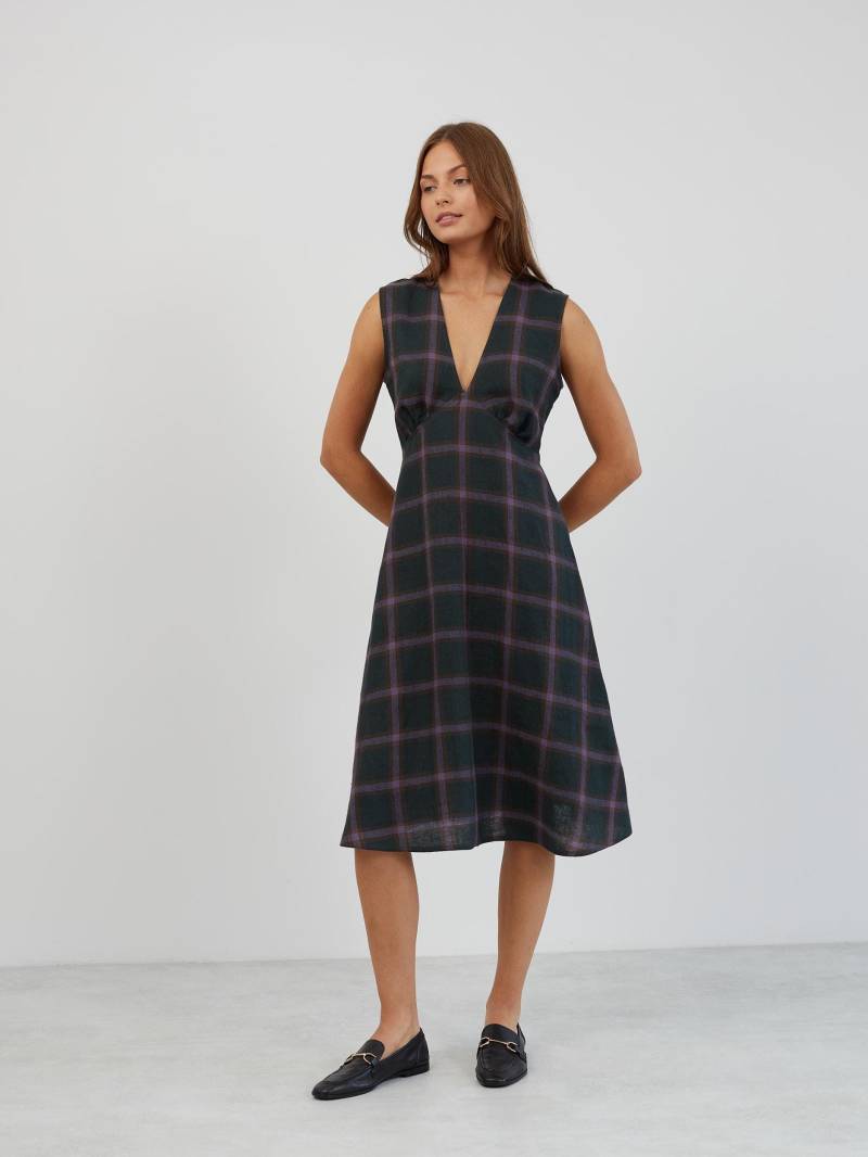 Kariertes Leinen Midikleid, Ärmelloser V-Ausschnitt, Empire-Taille | Laura von LoveAndConfuse